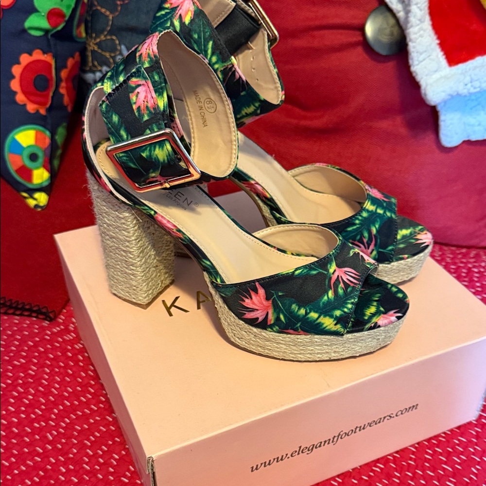 KAYLEEN By Los Angeles Tropical Floral Platform Heels